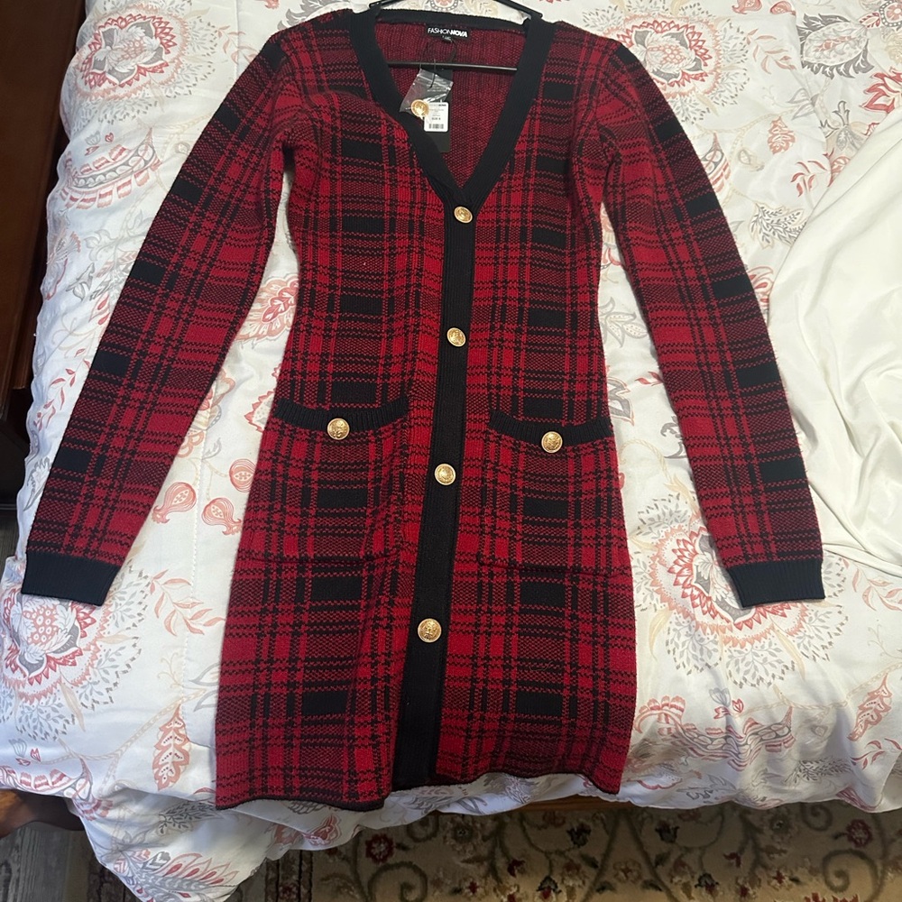 Fashion Nova Red Plaid Button-Up Dress